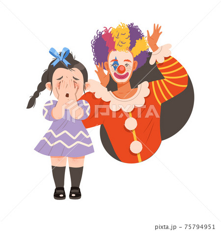 Little Girl Afraid of Clown and Jester Covering Her Face with Her Hands Vector Illustration 75794951