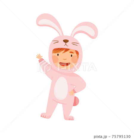Little Girl Wearing Hare Costume Waving Hand and Having Fun Vector Illustration 75795130
