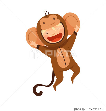 Little Boy Wearing Monkey Costume Jumping and Having Fun Vector Illustration 75795142