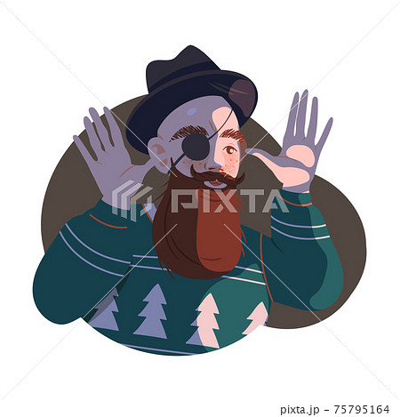 Bearded Man Hipster in Hat with Eye Patch Mocking or Taunting Vector Illustration Bearded Man Hipster in Hat with Eye Patch Mocking or Taunting Vector Illustration 75795164