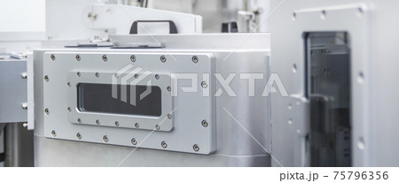 Part of chamber vacuum device industrial equipment silver color of research and development laboratory high technology .Banner. 75796356