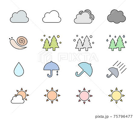 天気予報のアイコンセット 晴れ 曇り 雨 花粉症 梅雨 傘などのカラフルなイラスト のイラスト素材