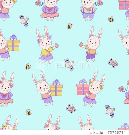 Seamless patterns with cute animals. Easter hares - boy and girl with gifts and Easter eggs on a blue background with insect and birds. Vector illustration  75796754