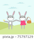 Easter card Healthy Easter. The Rabbit in the mask. Easter bunny in medical protective mask with easter egg to avoid coronavirus covid-19. Doddle flat vector illustration. Stay safe. Editable eps 10.  75797129