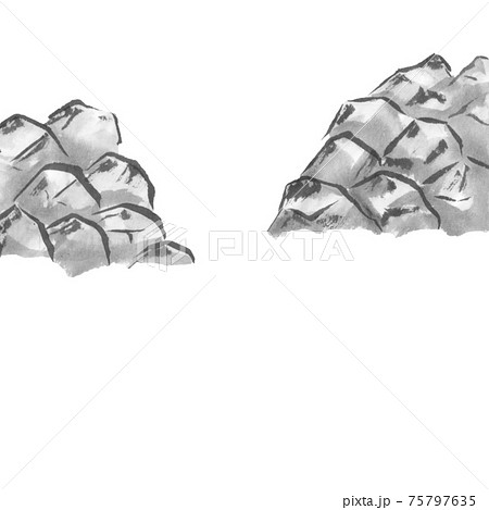山積みの岩の間モノクロイラスト（墨の手描きイラスト）のイラスト素材 