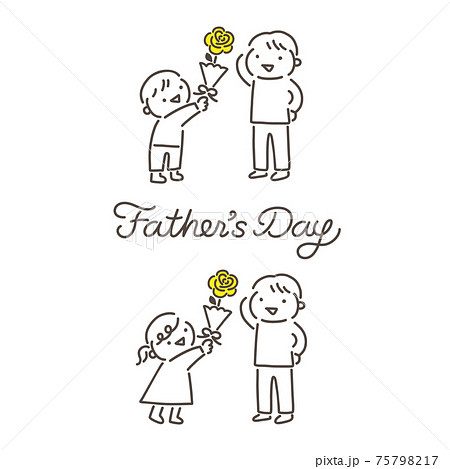 父の日 父親に花をプレゼントする子供のイラストと筆記体ロゴのイラスト素材