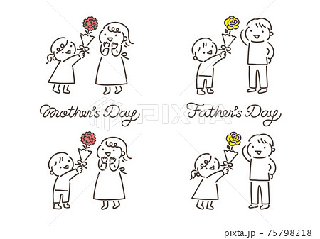 母の日と父の日 花をプレゼントする子供のイラストと筆記体ロゴのイラスト素材