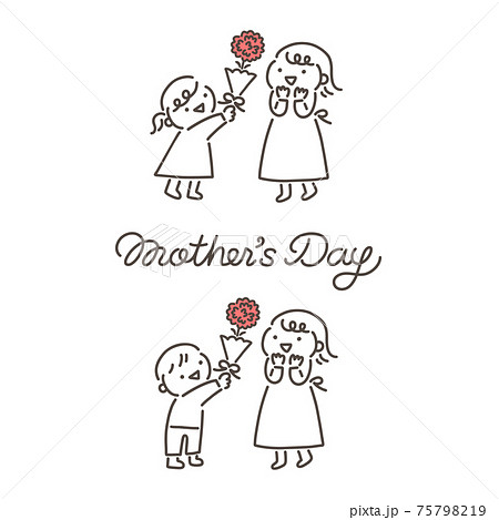 母の日 母に花をプレゼントする子供のイラストと筆記体ロゴのイラスト素材