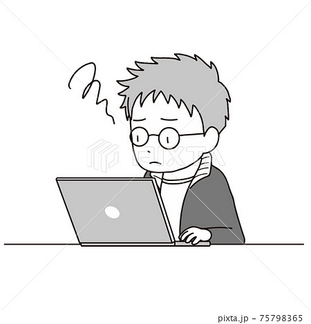 ノート型パソコンと短髪の男の子 悩み困惑 リモート授業 オンライン講座 テレビ電話 のイラスト素材