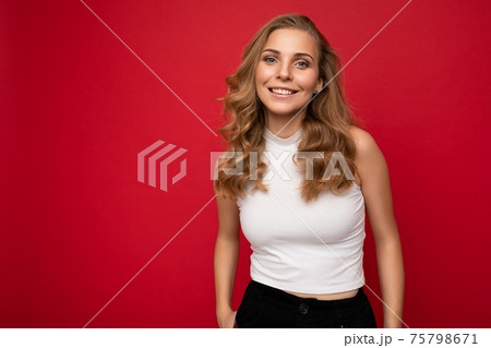 Photo portrait of adult charming fascinating attractive happy smiling delightful blonde woman with 75798671