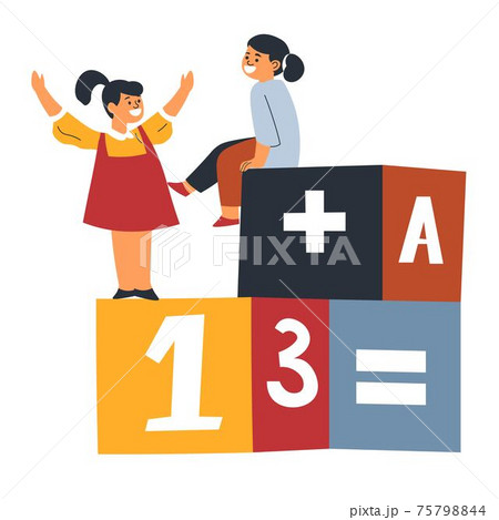 Girls playing cubes with maths numbers and letters 75798844