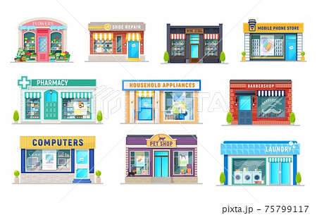 Building of shop, store, pharmacy, laundry icons Building of shop, store, pharmacy, laundry icons 75799117