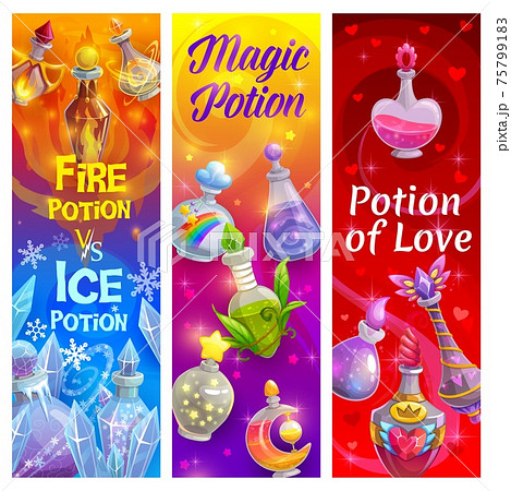 Love potion bottles, banners, magic poison alchemy Love potion bottles, banners, magic poison alchemy 75799183