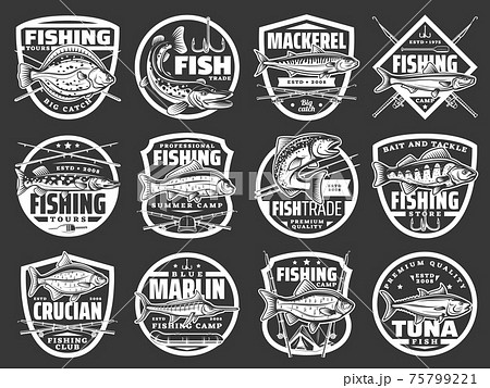 Fishing vector icons with fishes vintage label set 75799221