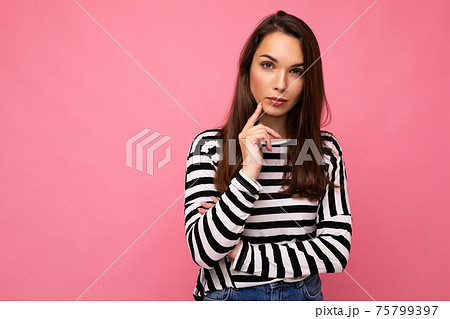 Closeup photo of amazing thoughtful beautiful young woman deep thinking creative female person 75799397