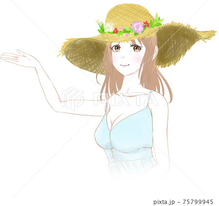 sample手描きイラスト 水彩画 原画 麦わら帽子の女の子 挙げろ 