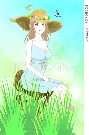 蝶々と麦わら帽子の女の子の春の絵のイラスト素材
