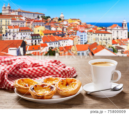 cup of coffee and plate of portuguese pastries - Pastel de nata, over Alfama district, lisbon, Portugal cup of coffee and plate of portuguese pastries - Pastel de nata, over Alfama district, lisbon, Portugal 75800009