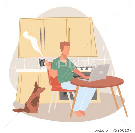 Freelancer man drinking coffee and working at home 75800107