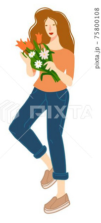 Woman with flowers in bouquet, blooming flora 75800108