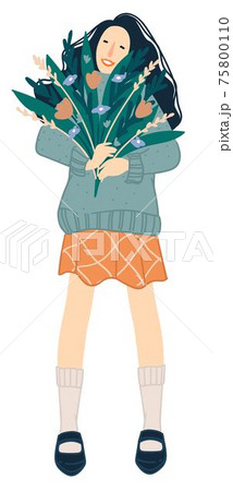 Smiling woman holding bouquet present for holiday 75800110