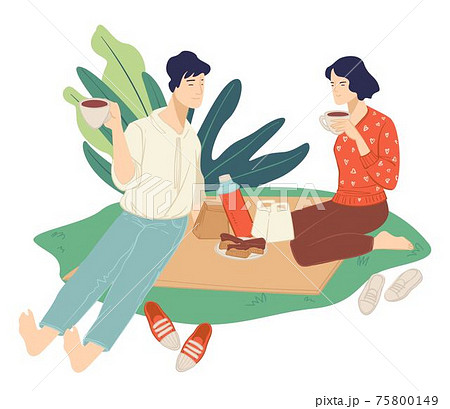 People spending time on picnic eating and drinking People spending time on picnic eating and drinking 75800149