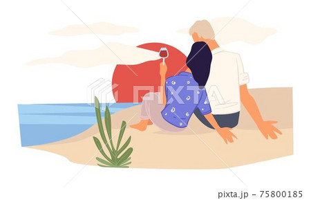 Couple watching sunset by seaside sitting on sand 75800185