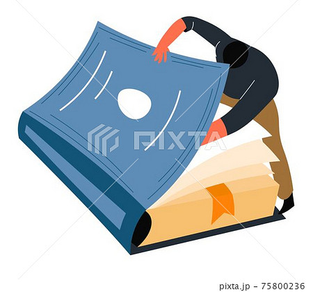Male character peeking book pages, reader vector 75800236