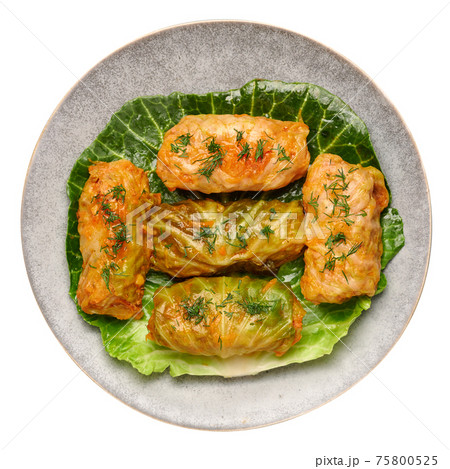 Golubtsi or golabki on plate isolated on white. Stuffed cabbage rolls of russian, polish cuisine 75800525