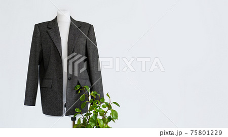 Sustainable fashion, organic clothes, eco clothing, ecology, sustainability, responsible fashion, 100 cotton. Formal Bio fabric suit with green plants on light background. 75801229