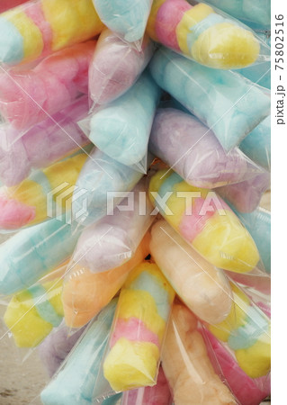 Colorful sweet cotton candy in plastic package Colorful sweet cotton candy in plastic package 75802516