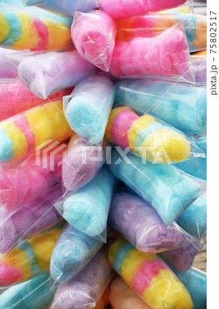 Colorful sweet cotton candy in plastic package Colorful sweet cotton candy in plastic package 75802517