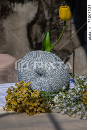 ellow flower in Blue shell shape ceramic vase on pink textured table cloth. 75803583