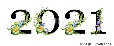 Floral spring alphabet. Number 2021. Font element with spring garden flower bouquets composition. Flower year number. Wedding invitations, baby shower, birthday, other ideas. On white background 75804773