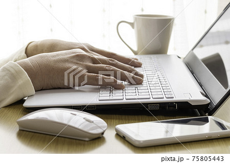 自宅のテーブルでパソコン作業をするシニア女性のイメージ（日本人、60代） 75805443