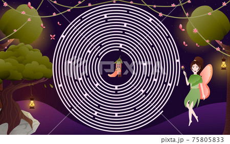 Fairy maze for kids in cartoon style with night forest scene, stars and magical trees woth lighting laterns 75805833