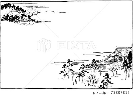 江戸の風景画：のどかな庭園のある神社 75807812