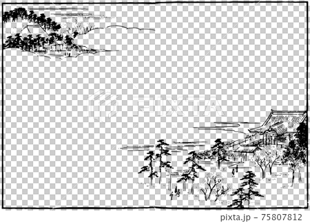江戸の風景画：のどかな庭園のある神社 75807812