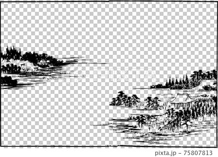 江戸の風景画：針葉樹林とお寺 75807813