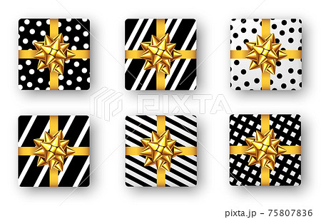 Gift box with golden ribbon and bow, top view. 75807836