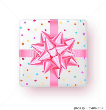 Gift box with pink ribbon and bow, top view. 75807837