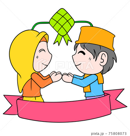 frame border the commemoration of Eid al-Fitr, Muslim women and men shake hands. doodle icon image kawaii. frame border the commemoration of Eid al-Fitr, Muslim women and men shake hands. doodle icon image kawaii. 75808073