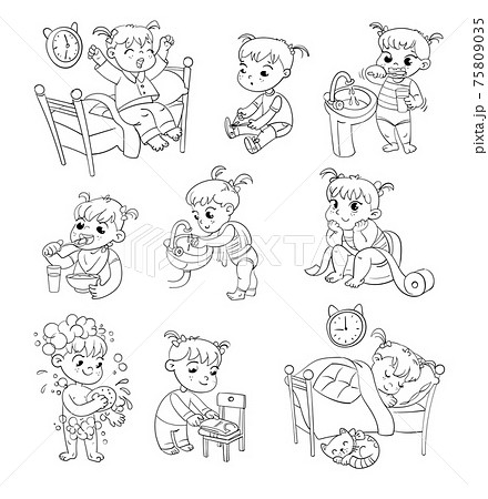 Cartoon kid daily routine activities set 75809035