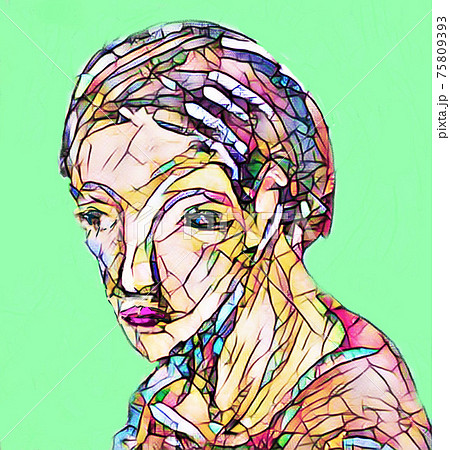 大きな目で見つめる女性のステンドグラスのイラスト素材 [75809393