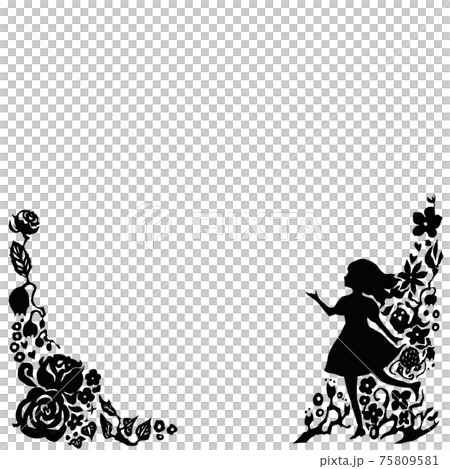黒の切り絵風のシルエットの女の子がいる背景イラストのイラスト素材