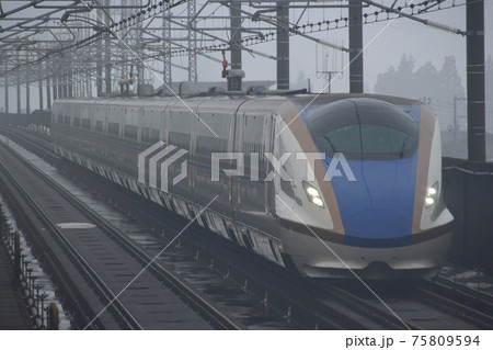 濃霧の雪国を行く上越新幹線E7系(限定デザイン車) 濃霧の雪国を行く上越新幹線E7系(限定デザイン車) 75809594