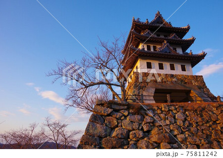 兵庫県洲本市　夕陽に照らされる洲本城 75811242