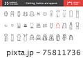 Clothing, fashion and apparel icons. T-shirts, blouses, tops, trousers, leggings, etc. 35 handmade style icons, vector images, with editable stroke. Ready to be used in any design project. 75811736