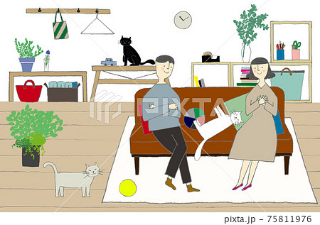 夫婦とペットの暮らしのイラスト素材
