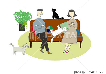 夫婦とペットの暮らしのイラスト素材